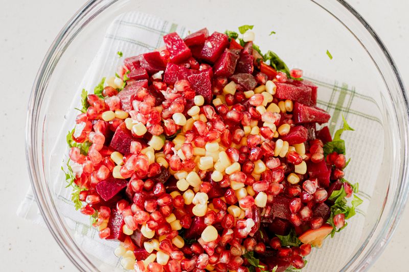 Lentil grain bowl with roasted beets and goat cheese
